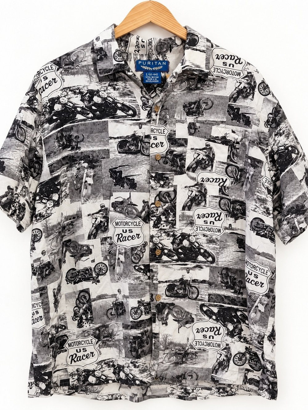 Puritan Men’s L Motorcycle Racer Rayon Shirt Biker Graphic Button Up